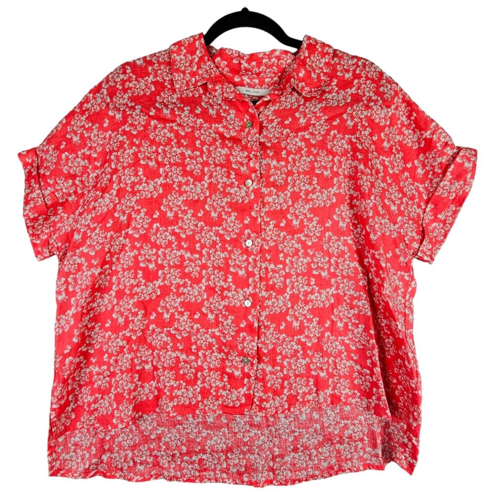 Rachel Zoe Small Floral Button Front Blouse 100% Linen Coral White Boxy Top